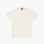 An off-white short-sleeve polo shirt with a half-zip collar and subtle contrast piping, displayed flat against a light gray background.