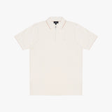 An off-white short-sleeve polo shirt with a half-zip collar and subtle contrast piping, displayed flat against a light gray background.