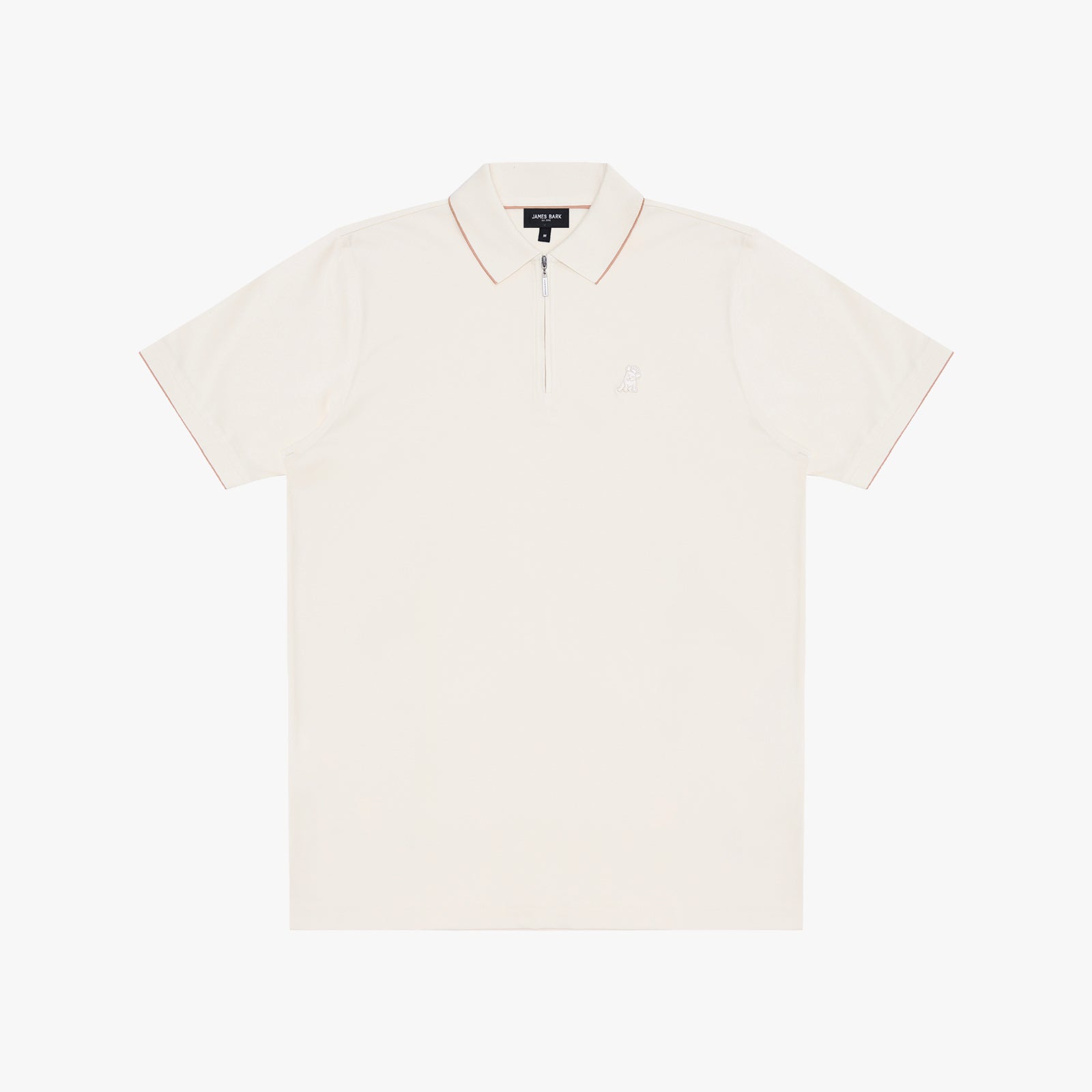 An off-white short-sleeve polo shirt with a half-zip collar and subtle contrast piping, displayed flat against a light gray background.