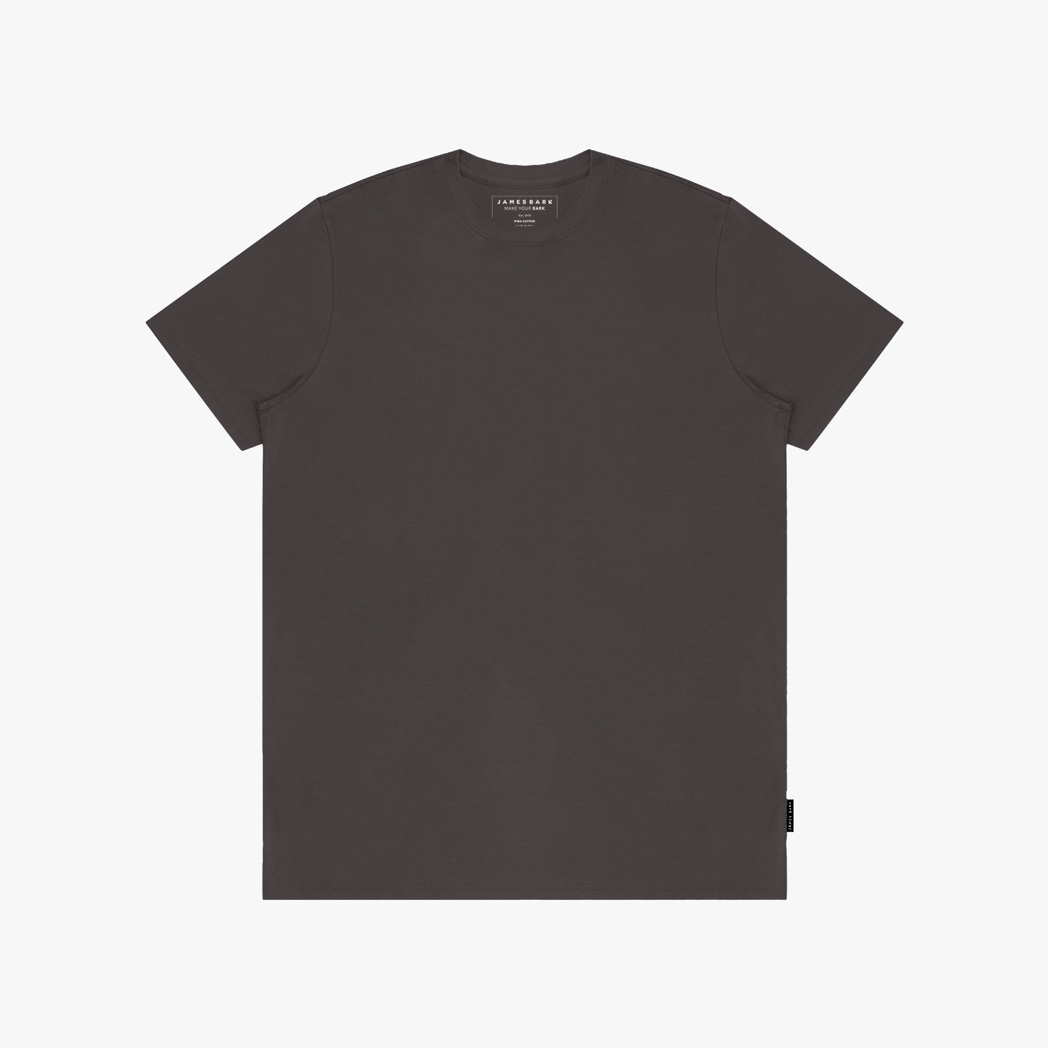 Black t-shirt with a brand label on a white background