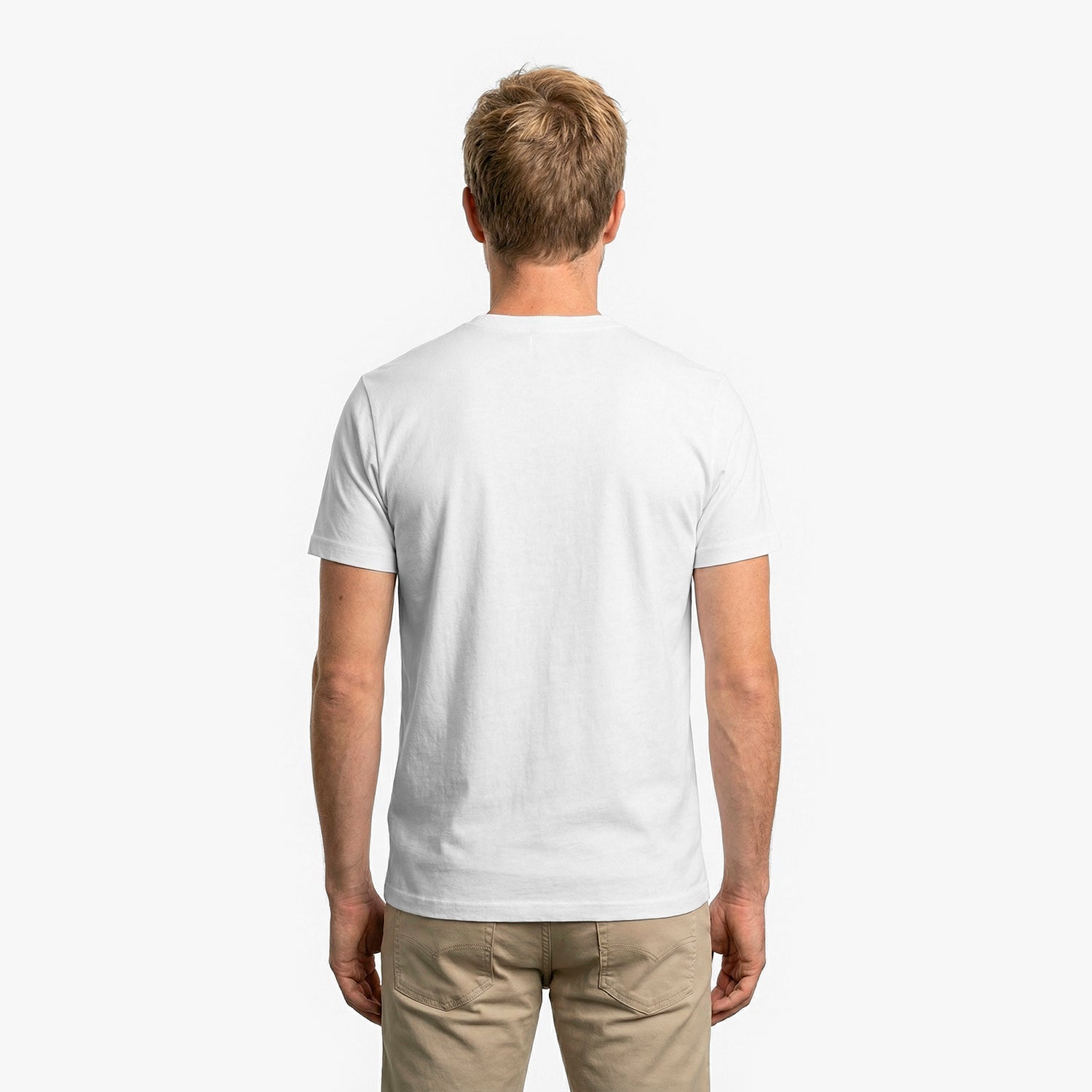 Back view of a man wearing a plain white t-shirt on a white background