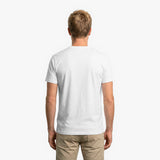 Back view of a man wearing a plain white t-shirt on a white background