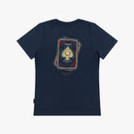 A navy blue T-shirt with a graphic print of stacked playing cards on the back. The cards feature gold and red details, including the text 'JAMES BARK'