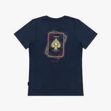 A navy blue T-shirt with a graphic print of stacked playing cards on the back. The cards feature gold and red details, including the text 'JAMES BARK'