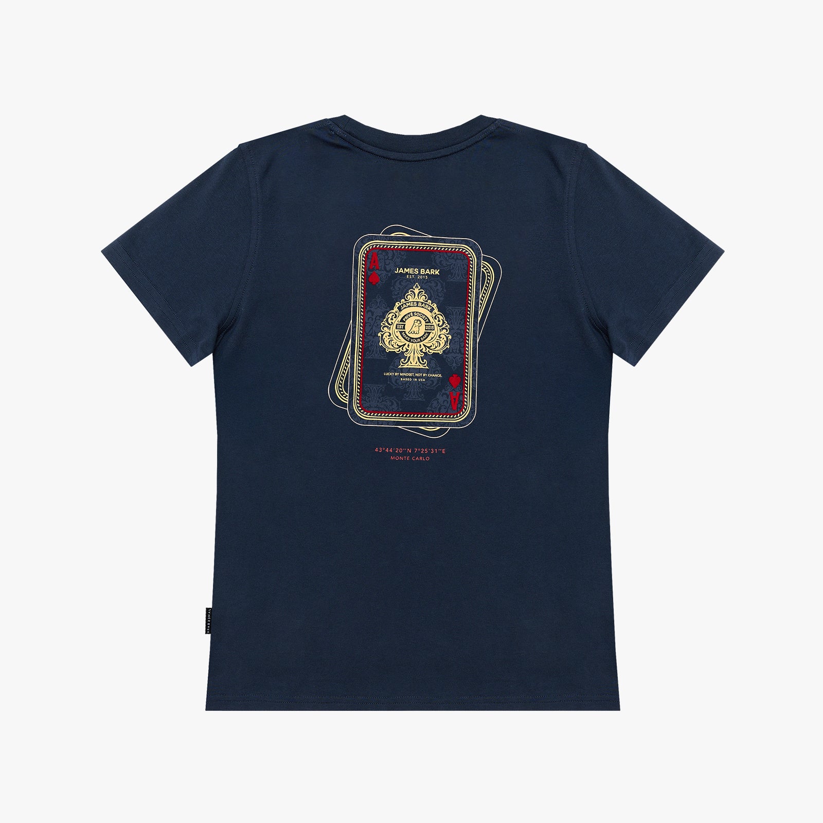 A navy blue T-shirt with a graphic print of stacked playing cards on the back. The cards feature gold and red details, including the text 'JAMES BARK'