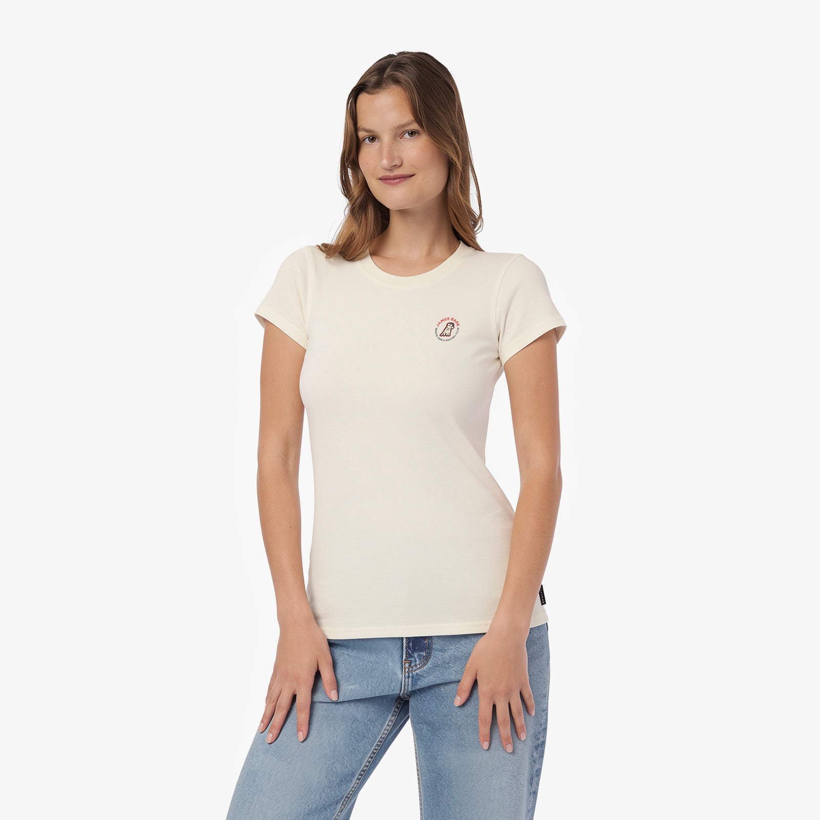 A woman modeling a short-sleeve crewneck T-shirt in off-white