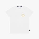 A white T-shirt with a gold crest dog logo on the left chest