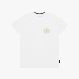 A white T-shirt with a gold crest dog logo on the left chest