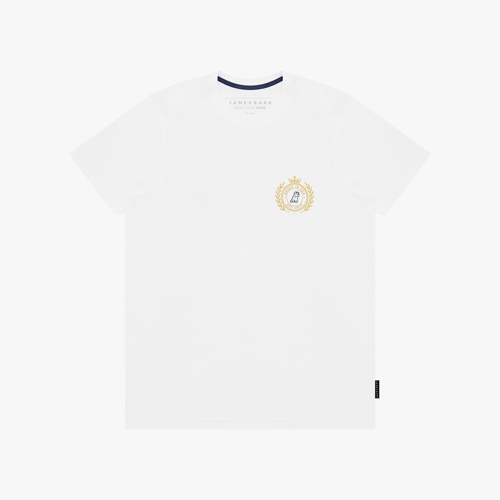 A white T-shirt with a gold crest dog logo on the left chest