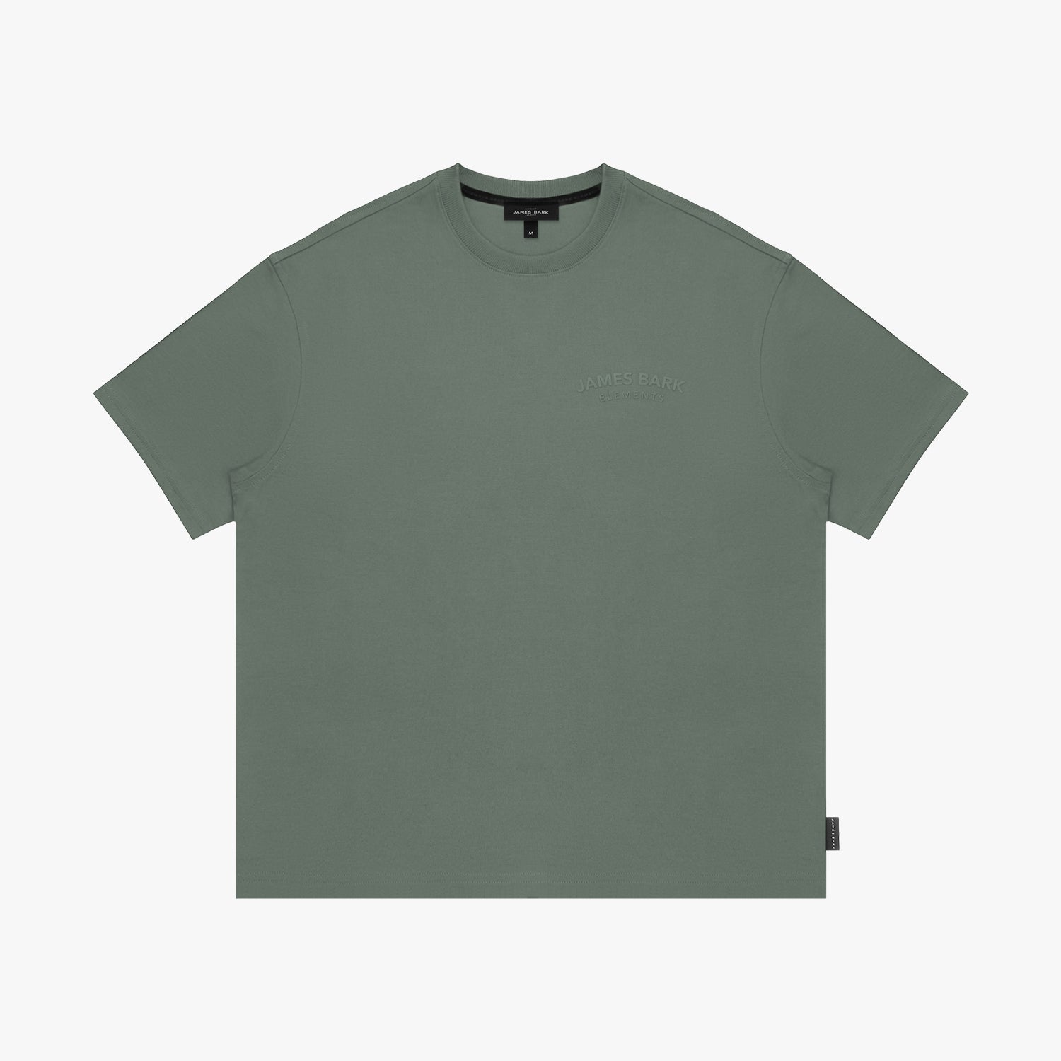 Green t-shirt with a small logo on a white background