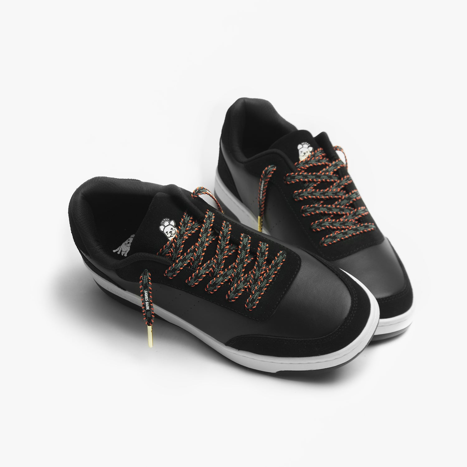 Black leather James Bark sneakers with black, grey and orange shoelaces with patterns