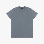 Gray t-shirt with a small logo on a white background