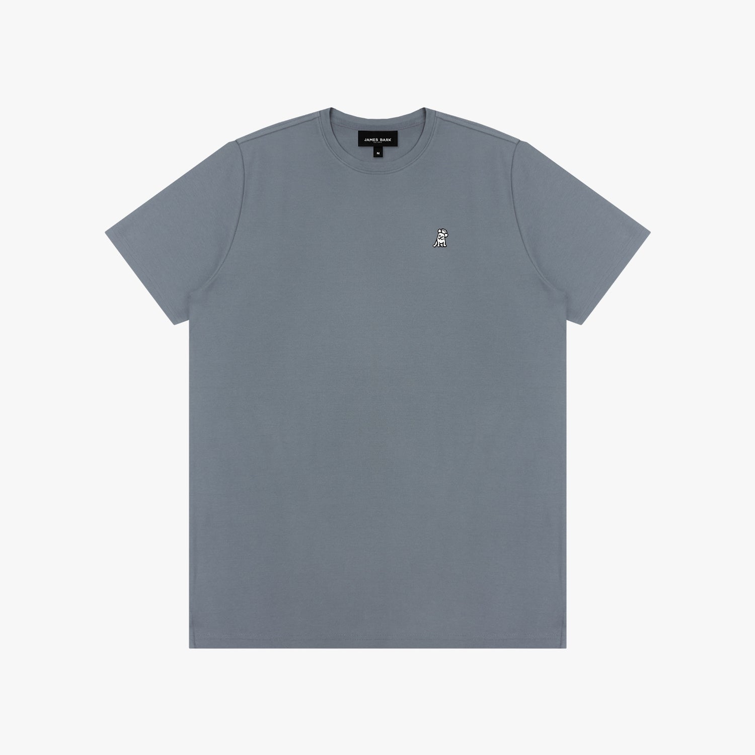 Gray t-shirt with a small logo on a white background