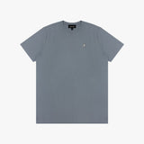 Gray t-shirt with a small logo on a white background