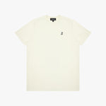 Beige t-shirt with a small logo on a white background