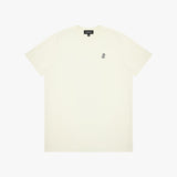 Beige t-shirt with a small logo on a white background