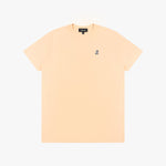 Beige t-shirt with a small logo on a white background