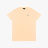 Beige t-shirt with a small logo on a white background