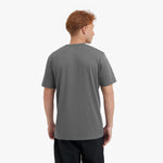 Back view of a man wearing a gray t-shirt on a white background