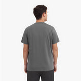 Back view of a man wearing a gray t-shirt on a white background