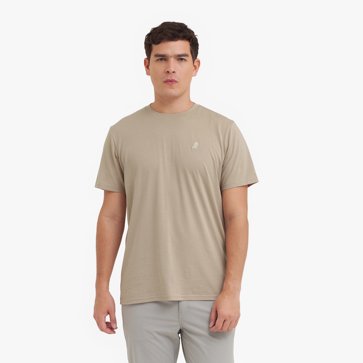 Man wearing a beige t-shirt with a small logo on a white background