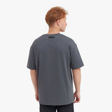 Back view of a man wearing a gray t-shirt on a white background