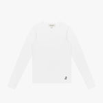 A flat lay shot of a white, long-sleeved crewneck t-shirt on a white background. A small, embroidered dog logo is on the bottom left hem.