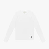 A flat lay shot of a white, long-sleeved crewneck t-shirt on a white background. A small, embroidered dog logo is on the bottom left hem.