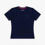Flat-lay front view of the navy blue t-shirt showing the full design with the pink inner collar detail.