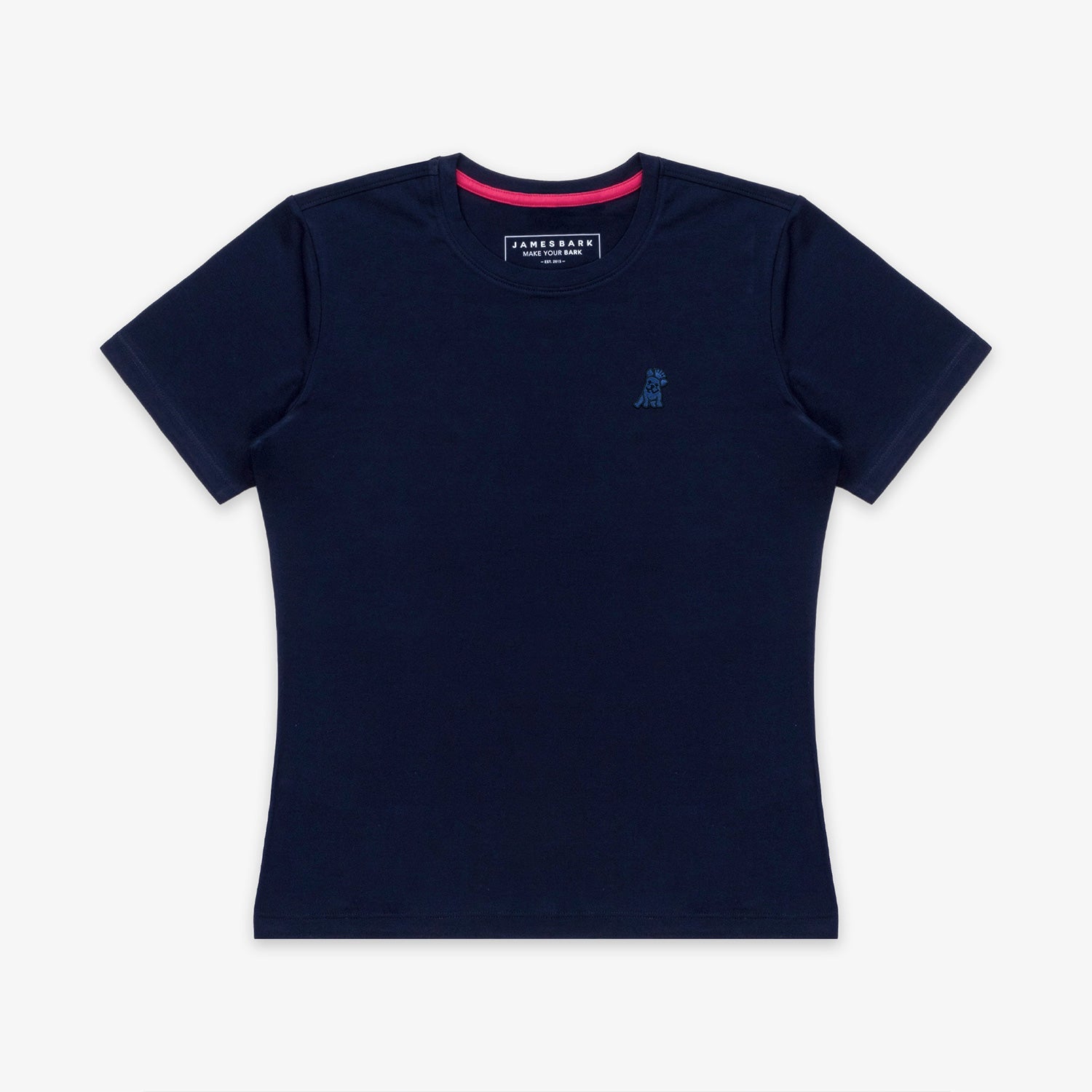 Flat-lay front view of the navy blue t-shirt showing the full design with the pink inner collar detail.