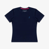 Flat-lay front view of the navy blue t-shirt showing the full design with the pink inner collar detail.